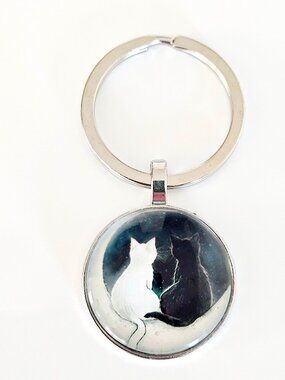 Black White Cat Keychain Couple Love Romantic Gift Yin Yang Style Cats Charm